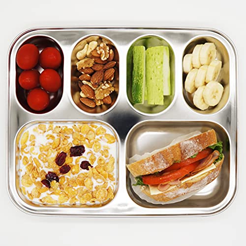 Korean Stainless Steel Divided Plates for Kids & Adults, Non-Toxic, 2-Pack - size: 6 Compartments (12x9.5Inch)