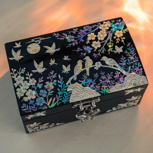 February Mountain Mother of Pearl Small Jewelry Ring Box - Gifts for best friends women, Thank you gifts, mom birthday gifts, Friendship Women Gifts Trinkets Keepsake Treasure box (Black-Birds) - color: Black-Birds