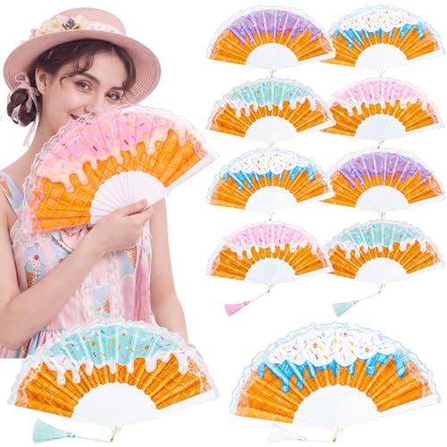 12 Pack Ice Cream Party Favors Hand Fans Bulk, Folding Fans with Tassel - color: 4 Colors, size: Ice Cream