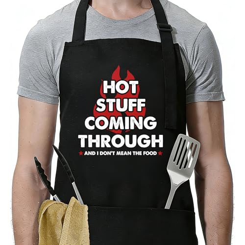 Funny Apron for Men Women,Humorous Kitchen Apron- Grilling Cooking BBQ Accessories, Gift for Dad Husband - color: Hot Stuff Coming Through