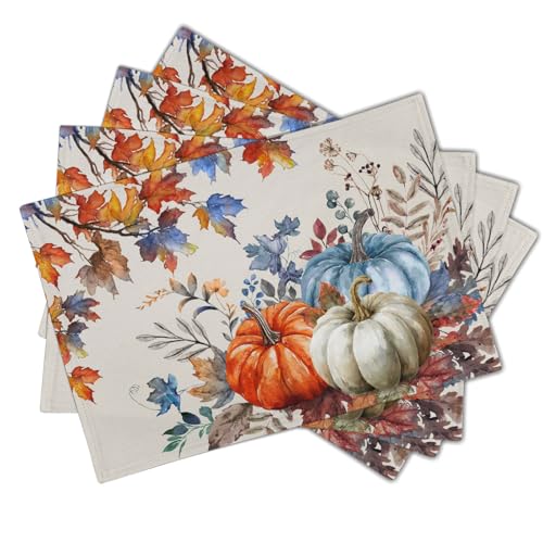 Fall Placemats Set of 4, 12 x 18 Inch Blue and Orange Pumpkin Fall Maple Leaves Washable Heat Resistant Rectangle Place Mat Thanksgiving Decor Table Mats for Seasonal Kitchen Dining - color: Blue Orange Pumpkin