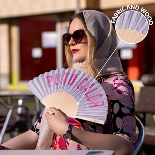 Fisura – Original folding fan with message “P*to calor”. Grey wooden handheld fan for women. Lightweight accessory for raves, weddings, birthdays, festivals, parties and creative gift ideas. - color: Calor, Grey and Pink