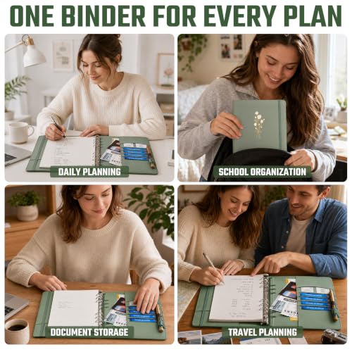 Ovesmusl Aesthetic A5 Binder 6 Ring, PU Leather Refillable Planner Cover - color: Green-flowers, size: A5