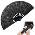 EOSAU Large Glitter Rave Fan Folding Hand Fans with Holster, Black - color: 13" Black Suit