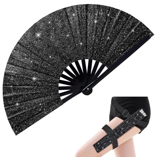 EOSAU Large Glitter Rave Fan Folding Hand Fans with Holster, Black - color: 13" Black Suit