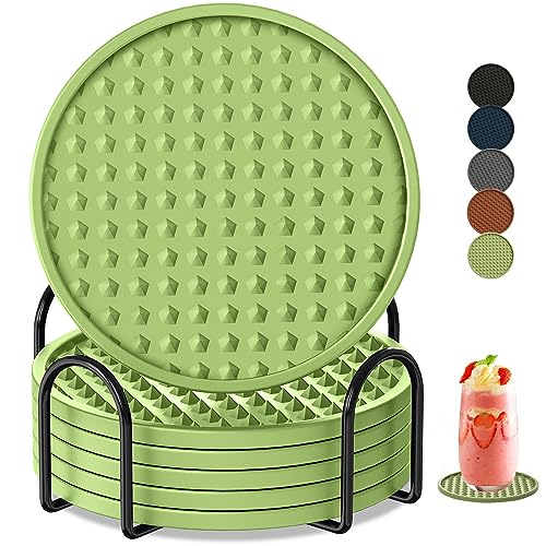 Coasters for Drinks 6 Pack Drinking Coaster with Holder,Heat Resistant Silicone Cup Mat Tabletop Protection,Non-Slip Rubber Coasters for Kinds of Cups (Green) - color: Green