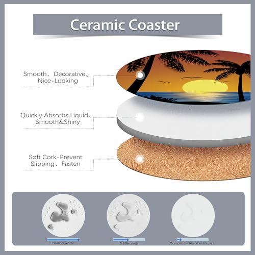 Drink Coasters Set of 6 with Holder,Beach Palm Trees Sunset Landscape Absorbent Ceramic Coasters with Cork Base,Fit All Cups,Tabletop Protection Mat for Mugs and Cups,Office,Kitchen - color: Beach Palm Trees Sunset Landscape