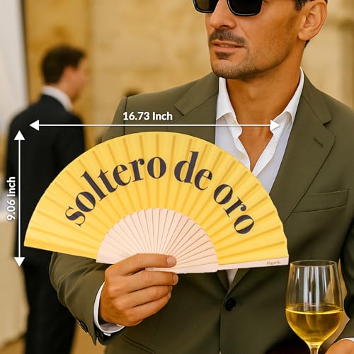 Fisura – Original folding fan with message “soltero de oro”. Yellow wooden handheld fan for men with hanger. Accessory for weddings, bachelor parties, festivals and unique gift ideas. 16.7 x 9