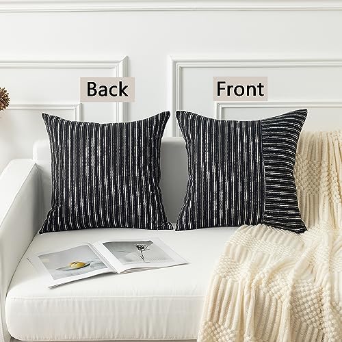 Kevin Textile Ink Black and Beige Patchwork Farmhouse Throw Pillow Covers 18 x 18 Inch, Pack of 2 Striped Linen Decorative Pillow Case for Sofa Couch Chair Bedroom Modern Decor - color: Black, size: 18" x 18" (Pack of 2)