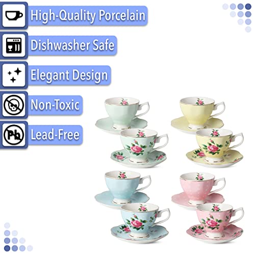 BTaT- Floral Tea Cups and Saucers, Set of 8, 8 oz - color: Multicolor, size: 8 Pack