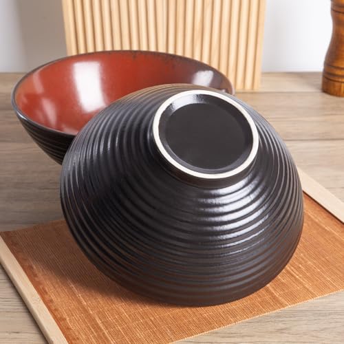 40oz Japanese Ceramic Ramen Bowl Set of 2 with Chopsticks and Spoons for Pho Udon Asian Soup Noodles (Red) - color: Red