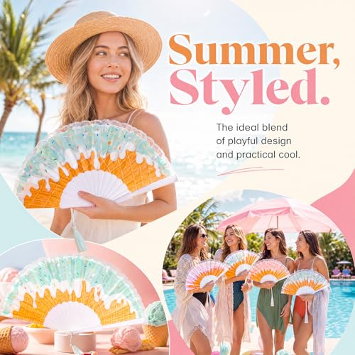 12 Pack Ice Cream Party Favors Hand Fans Bulk, Folding Fans with Tassel - color: 4 Colors, size: Ice Cream