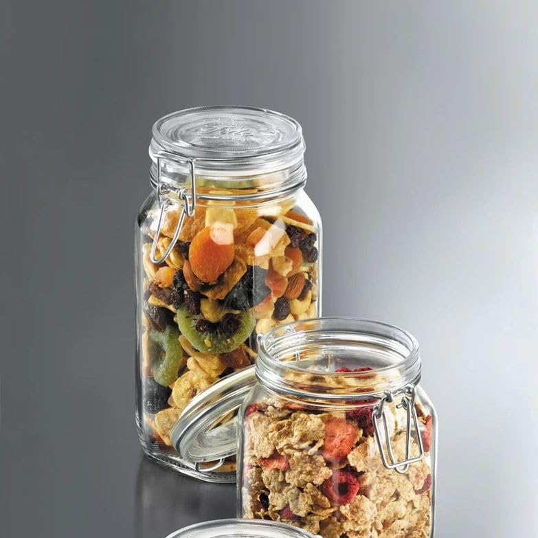 Bormioli Rocco Fido Squared Wide Mouth Glass Jar with Airtight Gasket Clamp Lid for Canning and Food Storage, Clear Top, 50.75 oz.
