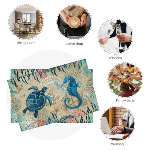 Nautical Placemats Set of 4, Ocean Coast Beach Theme Washable Non-Slip Heat Resistant Place Mats, Sea Turtle Seahorse Summer Linen Decoration Dinner Mat for Kitchen Dinner Party Decor - color: Ocean