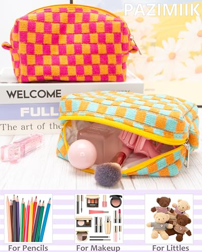 Checkered Makeup Bag for Purse, Small Travel Cosmetic Pouch,Orange Green - color: Orange Green