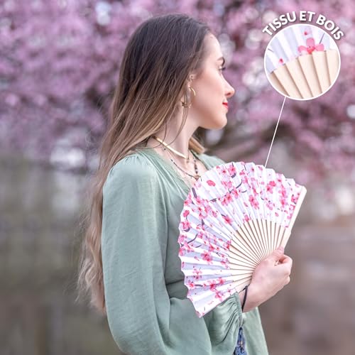 Fisura – Original Sakura Folding Fan, Elegant White Handheld Wooden Fan for Women, Includes Hanger, Perfect for Wedding, Party, Travel or Unique Gift idea - color: Sakura, White