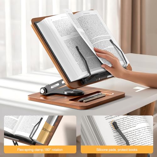 OPTIXCELL Book Stand for Reading, 360° Rotating Book Holder, Page Clips - style: Book Stand