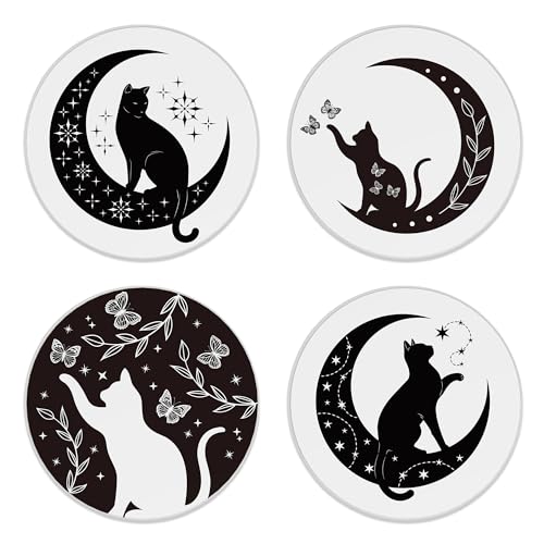 Coasters for Drinks,Set of 4 Absorbent Coasters,Black Cat on Moon Ceramic Coasters with Cork Base,Cup Coaster for Coffee Table Protection,Gifts for Housewarming Birthday - Home and Dining Room Decor - color: Black Cat on Moon