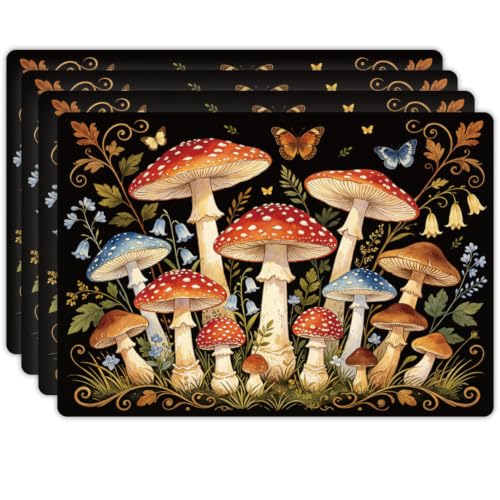 Peacoblue Placemats Set of 4,Faux Leather Mushrooms & Flowers Design - style: Mushrooms with Butterflies and Flowers
