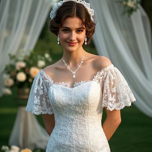 BriLove Wedding Jewelry Set for Women, Y-Necklace Tennis Bracelet Dangle Earrings with AAA Cubic Zirconia Teardrop for Bridal Bridesmaid - color: 02-ClearGold-Toned