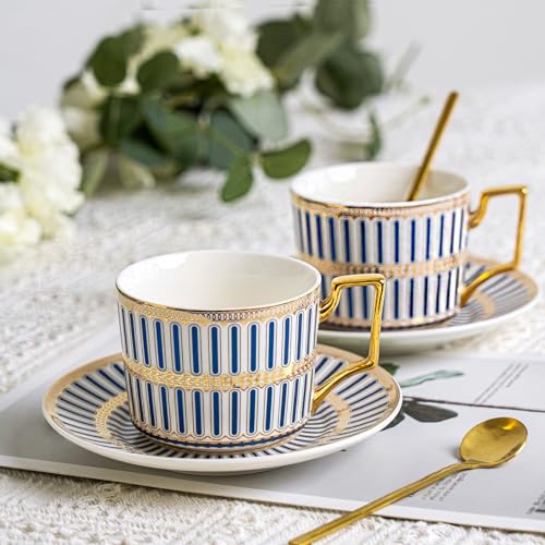 CwlwGO-Bone China Cups & Saucers Set of 2 (7 oz) with Gold Spoon and Gifts Box, White Tea Cups Sets,Cappuccino Cups,Ceramic British Coffee Cup Set. - color: White