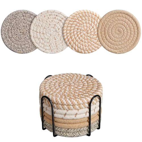 Coasters Set of 8 for Drinks with Holder,4 Colors Absorbent Coasters,Boho Cotton Woven Coaster Set for Living Room Decor,Tabletop Protection Suitable for Drinks,Beer, Coffee - color: Multicolored