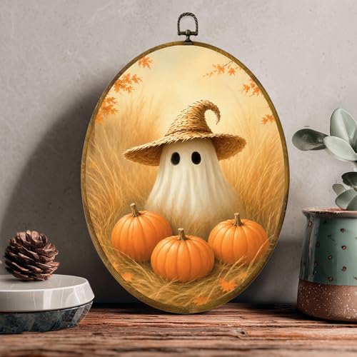 Straw Hat Ghost Oval Wall Art, Framed Canvas Decor, 8.5x11.5 Inch - color: Straw Hat Ghost Pumpkin Grass