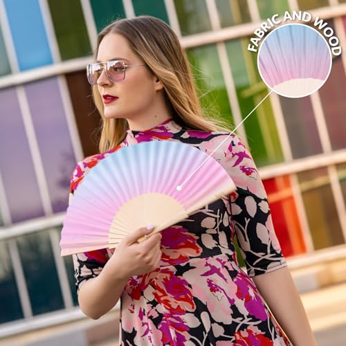 Fisura – Original Gradient Folding Fan in red with Hanger. Elegant Wooden Handheld Fan for Women. Lightweight Accessory for Weddings, Parties, Festivals, Travel and Unique Gift Ideas. - color: Gradient, Blue