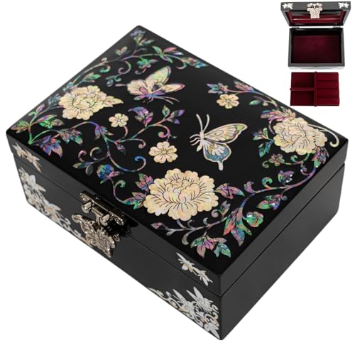 February Mountain Elegant Mother of Pearl Jewelry Organizer Box with Mirror Lid - Gifts for women birthday unique Anniversary Christams and Special Occasions (Butterfly Garden) - style: Butterfly Garden