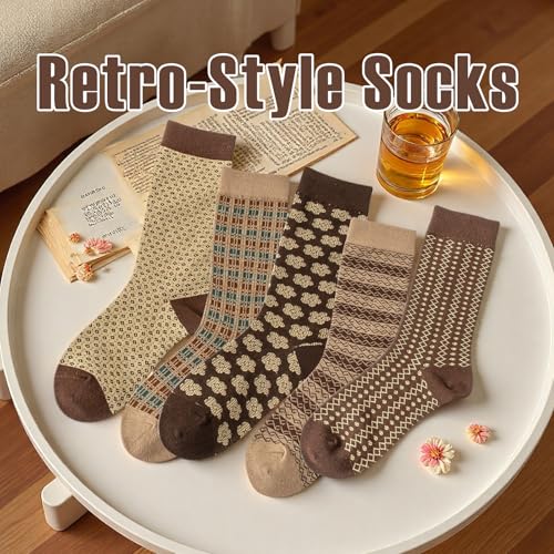 5 Pair Vintage Cotton Crew Socks for Women Pretty Aesthetic Long Preppy Ankle Socks