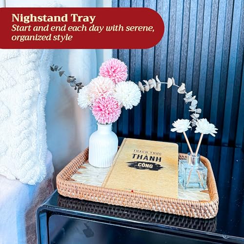 Rattan Rectangle Tray with Mother of Pearl Inlay – Unique Decorative Rattan Serving Tray for Coffee Table, Bathroom Vanity, Perfume & Nightstand – Ideals for Housewarming (White 11.8") - color: White 11.8"