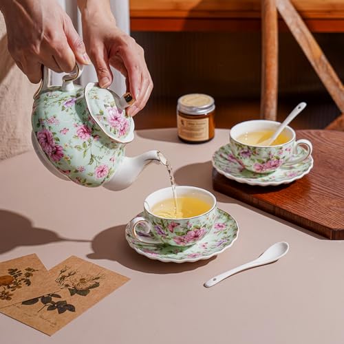 Flowers Ceramic Tea Set，Tea Sets for Adults, with Teapot, Spoons, Cup and Saucer for Tea Party (Green Flower) - color: Green Flower