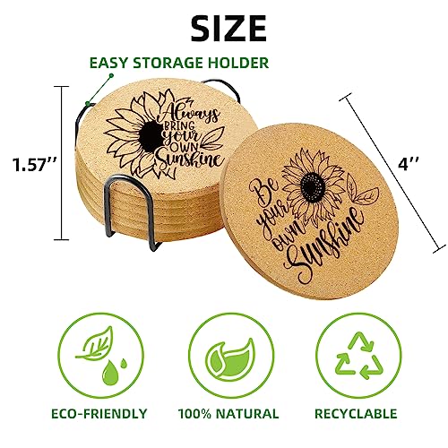 Coasters for Drinks with Holder Set of 6, Sunflower Absorbent Cork Wood Coaster for House Warming Gifts New Home Couples for Cup Desk Table Office Kitchen Decor, Round 4" - color: Sunflower