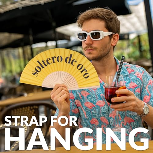 Fisura – Original folding fan with message “soltero de oro”. Yellow wooden handheld fan for men with hanger. Accessory for weddings, bachelor parties, festivals and unique gift ideas. 16.7 x 9