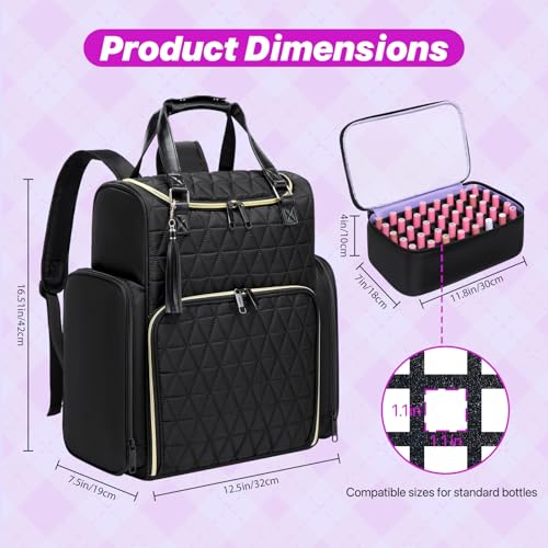 Nail Bag Organizer Case Backpack, Nail Bag Holds 80 Bottles (15ml-0.5 fl.oz) and Nail Lamp, Nail Polish Case with 2 nail polish Bag, Portable Travel Backpack for Nail Tech Supplies Manicure Tools - color: Black