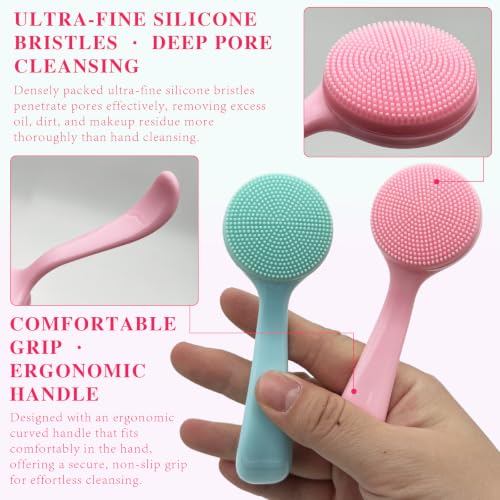 3-Pack Blue & Pink Soft Silicone Facial Cleansing Brushes, Manual Exfoliating Face Scrubbers for Deep Cleaning, Makeup & Blackhead Removal, Waterproof Skin-Friendly Face Cleaners ﻿ ﻿