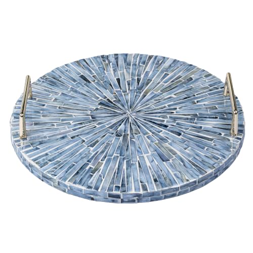 PEMAR Mother of Pearl Decorative Tray, 13" Round Versatile Display and Serving Tray with Gold Handles, Vanity/Perfume/Trinket Catchall for Dresser, Bathroom, Vanity Table (Blue Starburst) - color: Blue Starburst