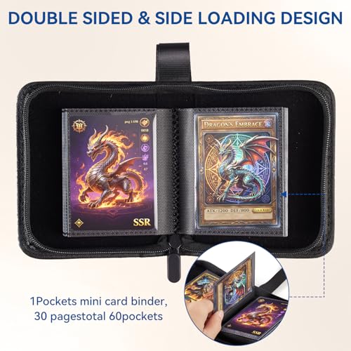 Mini Card Binder, EDUDIIU Small Pokemon Card Binder 30 Pages Holds 60 Cards - color: Black