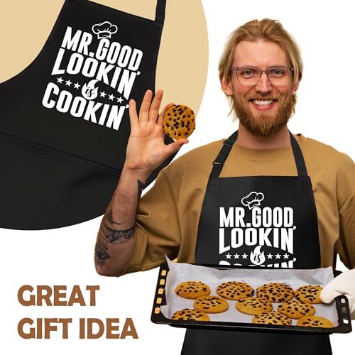 Mr. Good Lookin is Cookin Funny Aprons for Men with 2 Pockets, Cooking Apron for Dad, Gag Gifts for Men, Adjustable BBQ Apron for Husband, Chef Kitchen Gifts for Birthday & Father’s Day - A21 - color: Mr. Good Lookin is Cookin 1