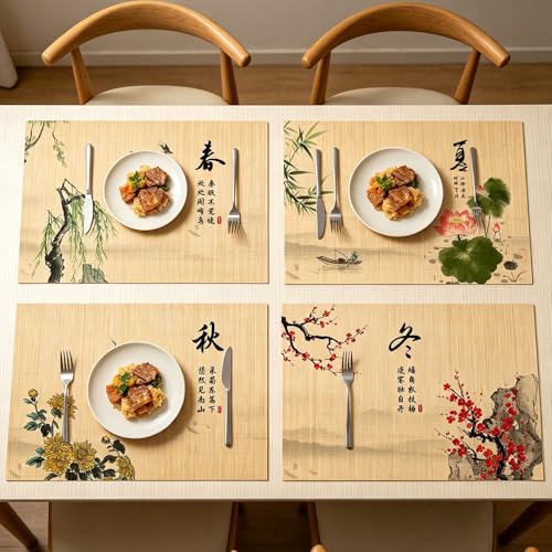 Bamboo Placemats Set of 4, Asian Style Table Mats Ancient Chinese Paintings Zen Floral Place Mats for Indoor Outdoor Kitchen Dining Table (Four Seasons, Set of 4) - color: Four Seasons