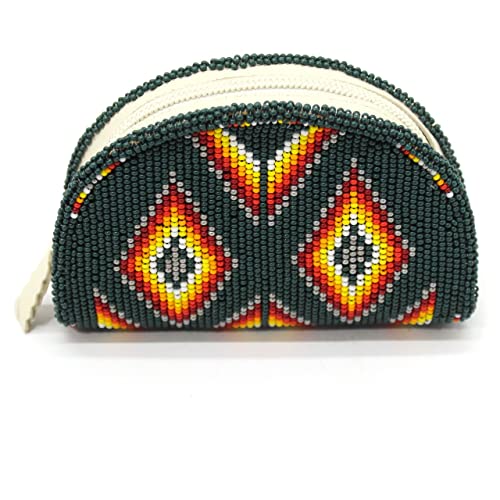 Coin Purse Wallet Women Small Midnight Grey Beaded - Handmade Mini Zipper Pouch Native American Style - Czech Glass Seed Beads Leather Change Purse Cute Vintage Gift Wristlet - color: Midnight Green
