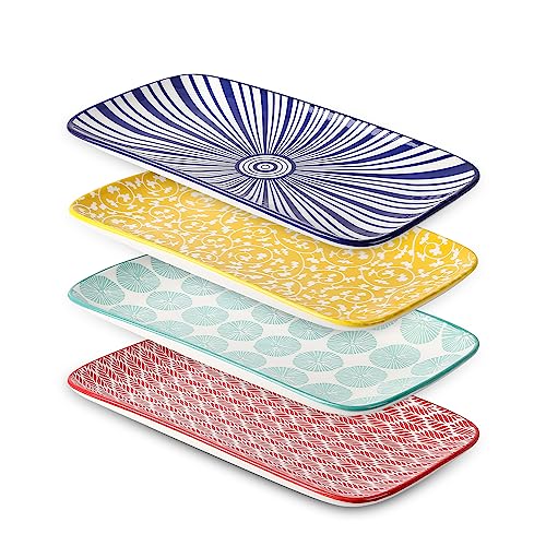 Selamica Ceramic Rectangular Serving Platters Set of 4, 12 Inch Serving Trays/Dishes for Party Entertaining, Rectangular Dinner Plates for Appetizer Salad Dessert Sushi, Assorted Colors - color: Assorted Colors, size: 12 Inch, Set of 4