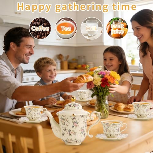 TATSUMI Country Roses Porcelain Tea Set, European Ceramic tea set for adults,Vintage Style, For Women and Tea Parties (Yellow, 13 Pieces Set) - color: Yellow, size: 13 Pieces Set