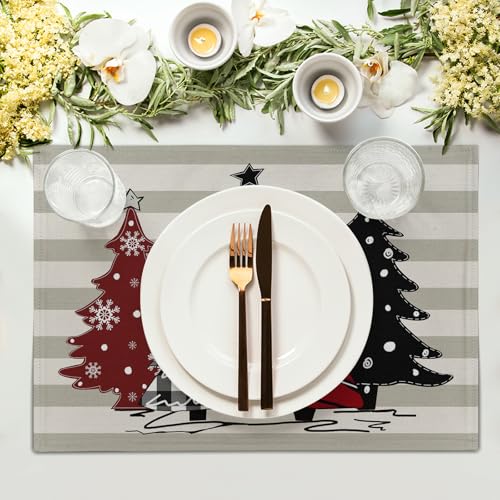Xmas Tree Placemats Set of 4 Red Black Buffalo Plaid Pine Tree Non-Slip Washable Place Mats Stripe Decoration Table Mats 12 x 18 Inch for Winter Tabletop Holiday Party - color: Red Black Plaid Tree