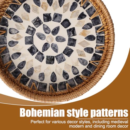 Round Rattan Tray, Serving Platters with Mother of Pearl Inlay Aesthetic Wicker Jewelry Dishes for Snacks Fruits Jewellery Home Decor 22cm