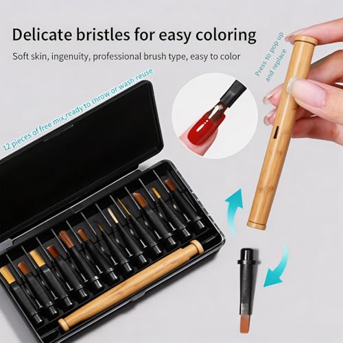 12 Pcs Nail Polish Brush Set, Replaceable Nail Art Brushes Heads Kit with Wooden Handle for Gel Nail Polish, French Tip, Liner Painting, Home Salon DIY Manicure Use