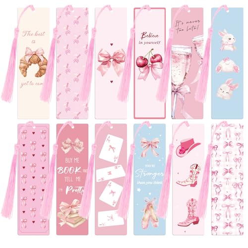 12 Pack Pink Bow Bookmarks, Paper Bookmark with Tassels, Book Lovers Gifts