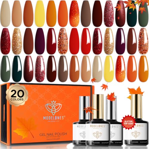 modelones 20 Colors Gel Nail Polish Kit, Fall Winter Gel Polish Set Soak Off Nail Polish Kit with Glitter, Glossy and Matte Top Base Coat DIY Manicure at Home - color: A Cozy Campfire