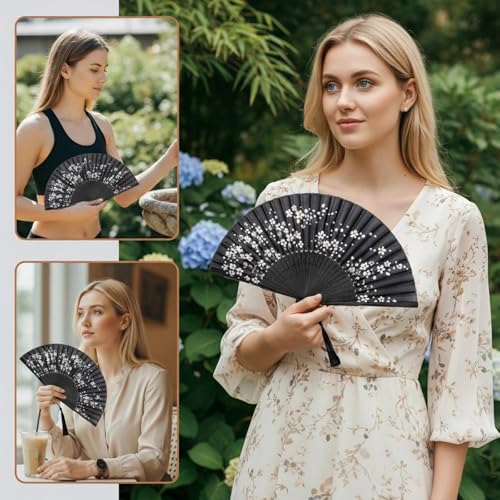 Lysa Hand Fan for Women Foldable - Portable Folding Japanese Chinese Fan - for Hot Flashes, Summer Cooling, Festivals, Church, Dancing (Black Sakura) - color: Black Sakura