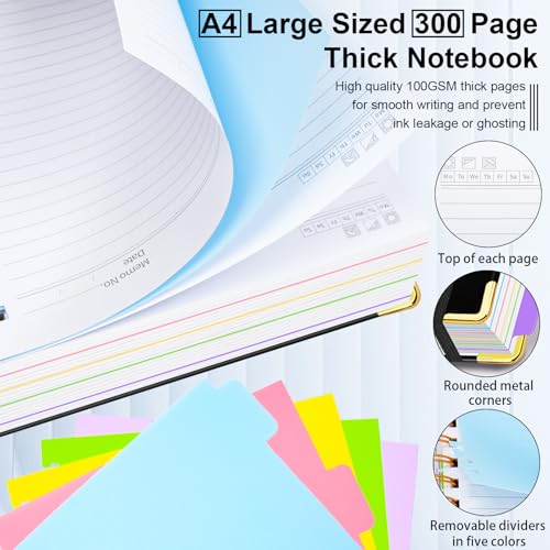 Hardcover Spiral Notebook 8.5"x11" Journal Notebook with Tabs and Removable Dividers 300 Pages 5 Subject Notebook College Ruled, Faux Leather Spiral Bound Notebook for Women School Work (Black) - color: Black, size: 8.5"x11"(A4)